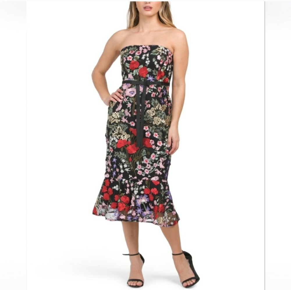 Sam Edelman Black Floral Strapless Midi Dress